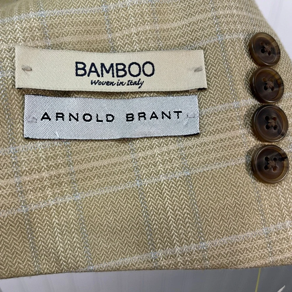 New Arnold Brant Bamboo Two Button Jacket Blazer Mens Beige Plaid Sz 42L $495new
